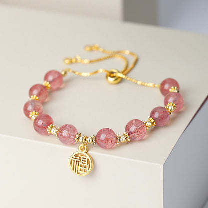 Mythstone 14K Gold Plated Natural Strawberry Quartz Fu Character Positive Charm Bracelet