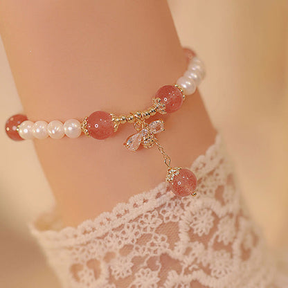 Pulsera curativa con dije de abeja de miel y cuarzo fresa y perla natural Mythstone 