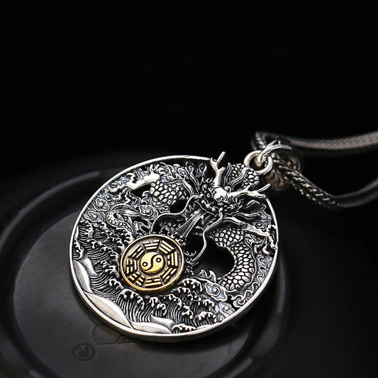 Mythstone Dragon Waves Yin Yang Bagua Luck Strength Necklace Pendant