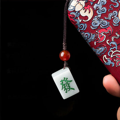 Mythstone Natural Jade Mahjong Fa Character Wealth Prosperity Phone Hanging Key Chain Decoration