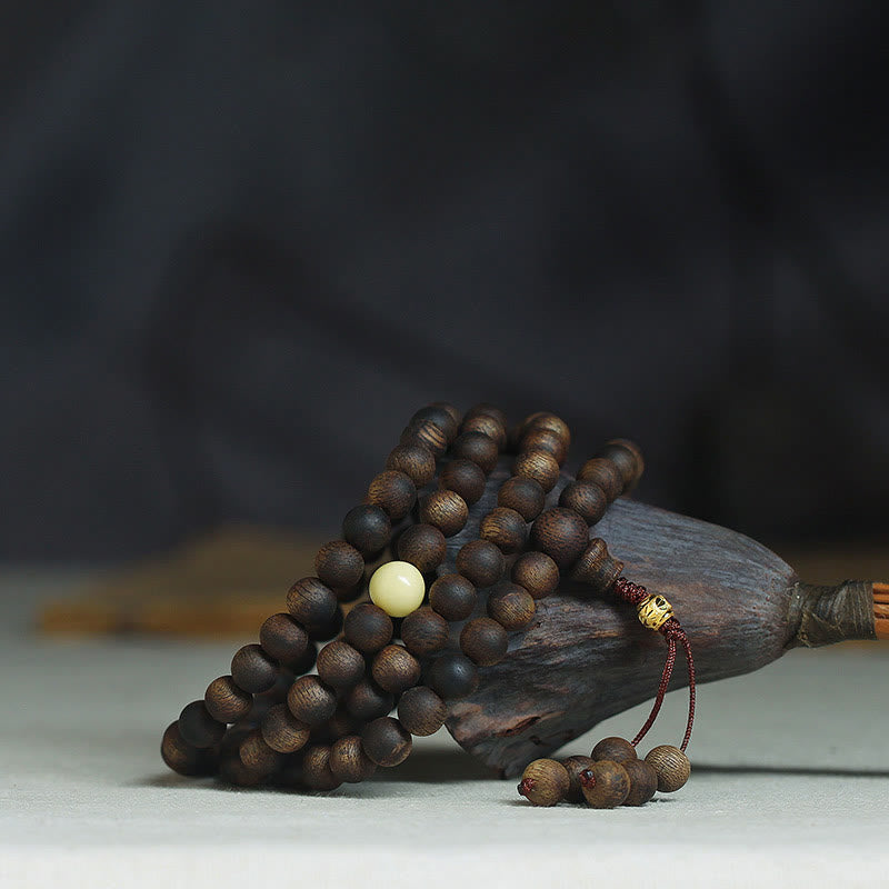 MythStone 999 Gold Tarakan 108 Mala Beads Agarwood Amber Ward Off Evil Spirits Bracelet