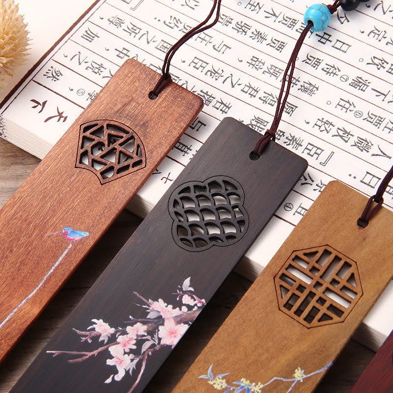 Mythstone 4Pcs Four Seasons Plum Orchid Bamboo Chrysanthemum Peking Opera Mask Wood Bookmarks With Gift Box