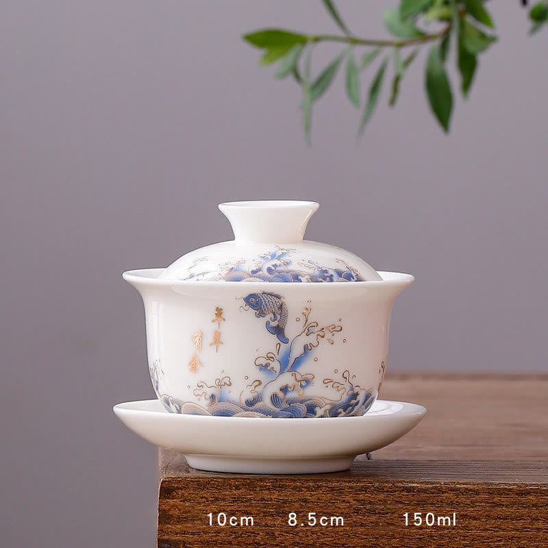 Mythstone White Porcelain Mountain Landscape Countryside Ceramic Gaiwan Teacup Kung Fu Tea Cup And Saucer With Lid