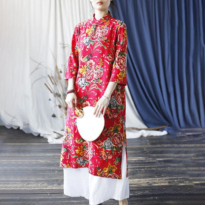 Mythstone Red Blue Peony Midi Dress Half Sleeve Cotton Linen Dress Wide Leg Pants With Pockets