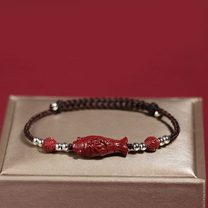 Mythstone 925 Sterling Silver Koi Fish Cinnabar Fu Character Copper Coin Wealth Braided Bracelet