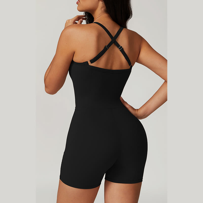 Mythstone Backless Criss-Cross Strap Jumpsuit Romper Sports Fitness Yoga Women Bodysuit With Pockets