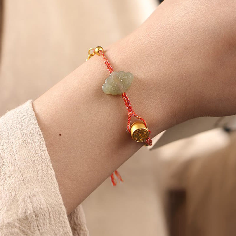 Mythstone Handmade Auspicious Clouds Hetian Jade Fu Character Luck Fortune Rope Bracelet