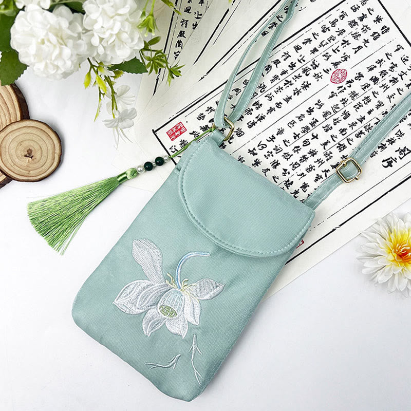 Mythstone Small Embroidered Flowers Crossbody Bag Shoulder Bag Double Layer Cellphone Bag