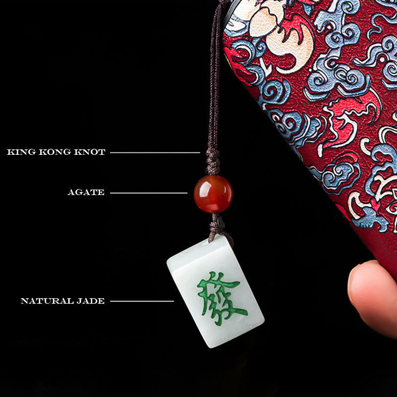 Mythstone Natural Jade Mahjong Fa Character Wealth Prosperity Phone Hanging Key Chain Decoration