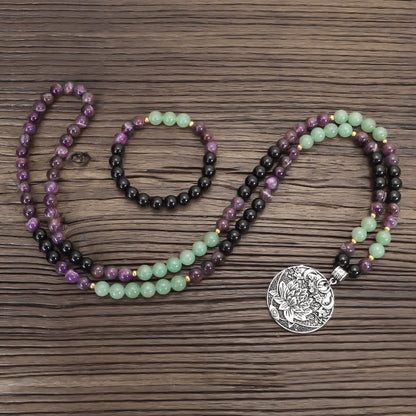 Mythstone 108 Mala Beads Amethyst Green Aventurine Lotus Meditation Bracelet