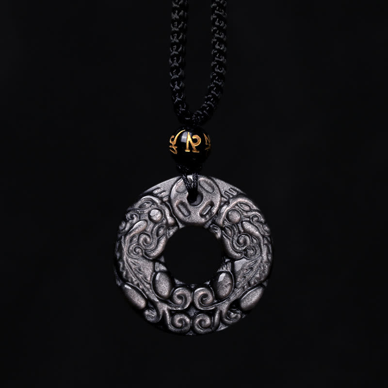 Mythstone Natural Silver Sheen Obsidian Double PiXiu Copper Coin Peace Buckle Protection Necklace Pendant