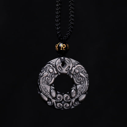 Mythstone Natural Silver Sheen Obsidian Double PiXiu Copper Coin Peace Buckle Protection Necklace Pendant