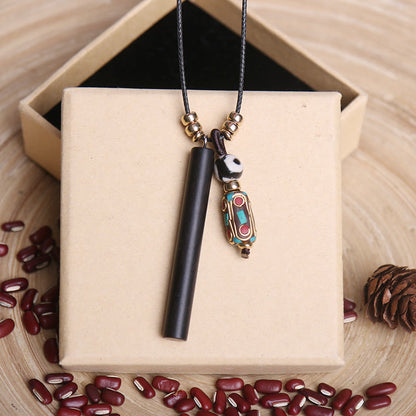 Mythstone Tibetan Ebony Wood Dzi Bead Peace Calm Necklace Pendant