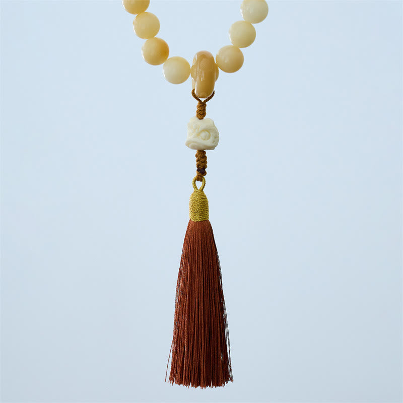 Mythstone Natural Bodhi Seed Ivory Fruit Dancing Lion Charm Harmony Tassel Wrist Mala