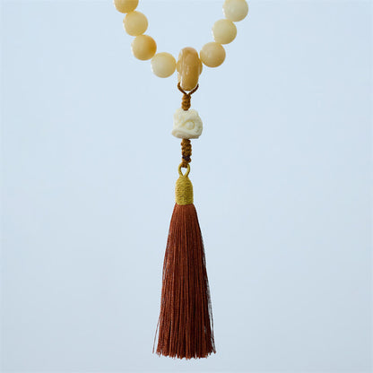 Mythstone Natural Bodhi Seed Ivory Fruit Dancing Lion Charm Harmony Tassel Wrist Mala