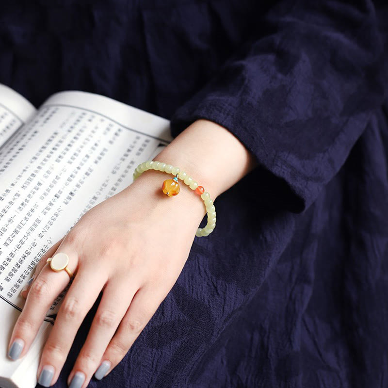 Pulsera de prosperidad con cristal de ágata roja, ámbar y calabaza de jade hetiano natural