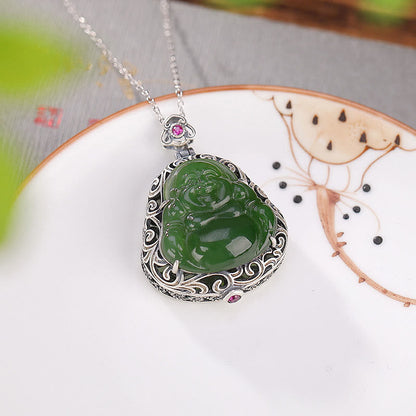 Mythstone 925 Sterling Silver Natural Hetian Cyan Jade Laughing Buddha Auspicious Clouds Success Necklace Pendant Ring Set