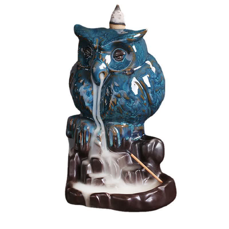 Mythstone Cute Owl Ceramic Backflow Smoke Fountain Meditation Healing Incense Burner Decoration