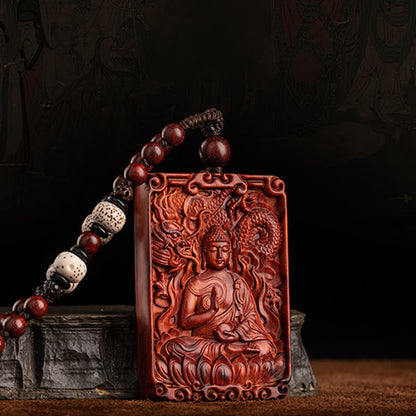 Mythstone Chinese Zodiac Natal Buddha Small Leaf Red Sandalwood Protection Necklace Pendant