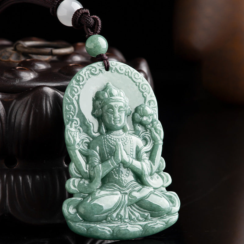 Mythstone Four-armed Avalokitesvara Natural Jade Amulet Blessing String Necklace