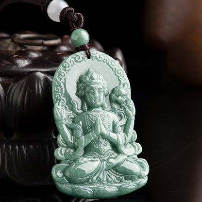 Mythstone Four-armed Avalokitesvara Natural Jade Amulet Blessing String Necklace