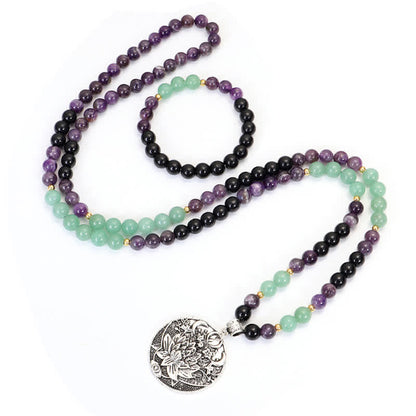 Mythstone 108 Mala Beads Amethyst Green Aventurine Lotus Meditation Bracelet