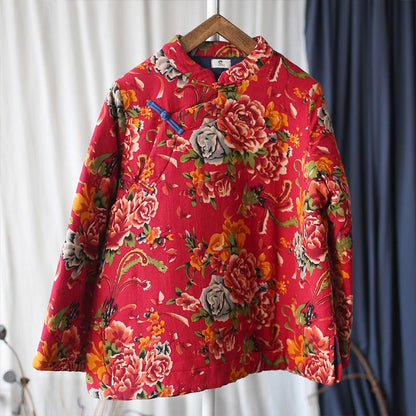 Mythstone Flowers Cotton Linen Jacket Shirt Chinese Northeast Style Winter Clothing