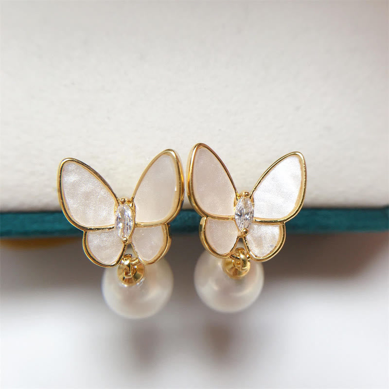 Mythstone 925 Sterling Silver Posts 18K Gold Plated Copper Pearl Butterfly Optimism Stud Earrings