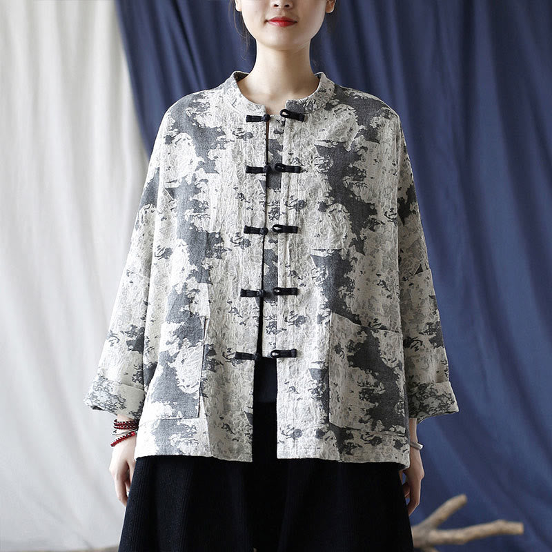 Mythstone Black Gray Print Frog-button Design Long Sleeve Cotton Linen Jacket Shirt With Pockets