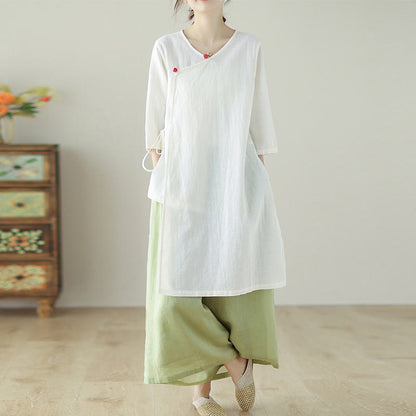 Mythstone Buttons Three Quarter Sleeve Lace-up Shirt Wide Leg Pants Meditation Cotton Linen Clothing