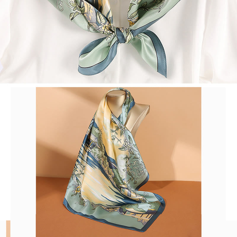 Mythstone Pastoral Scene Hot Air Balloon Spring Blossom 100% Mulberry Silk Neck Hair Scarf