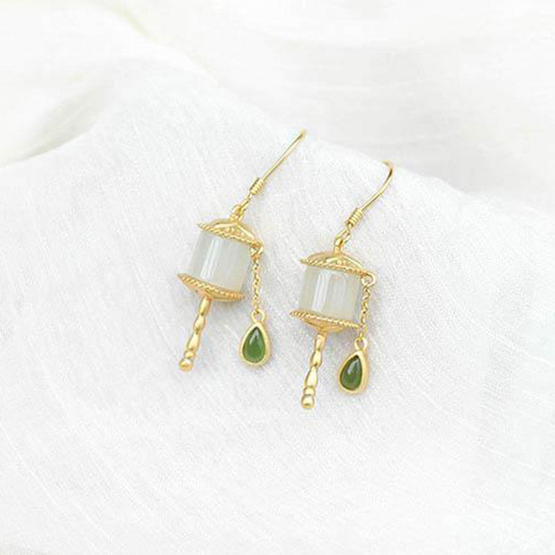 Mythstone 925 Sterling Silver Jade Prayer Wheel Luck Drop Earrings