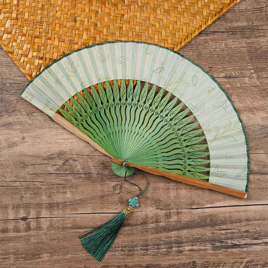 Mythstone Green Leaves Handheld Silk Bamboo Folding Fan