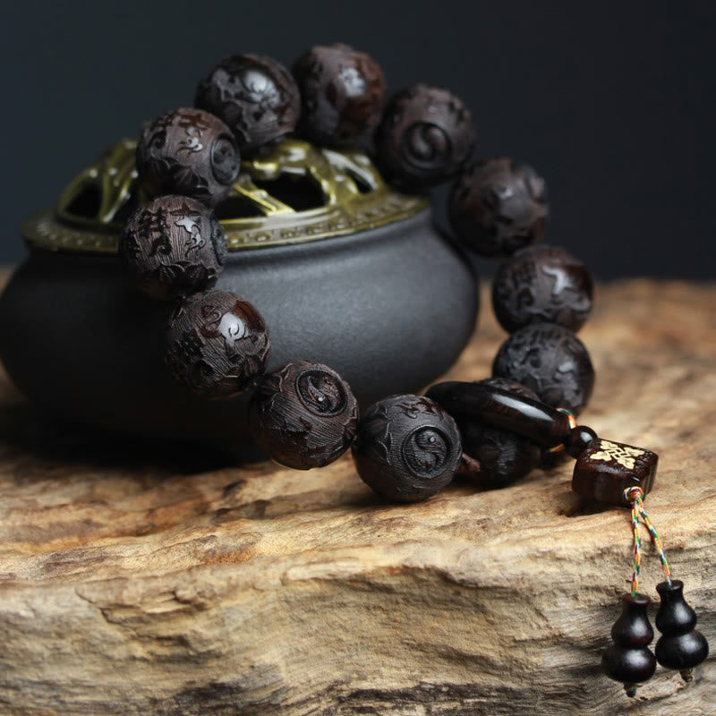 Mythstone Ebony Wood Chinese Character Yin Yang Engraved Gourd Balance Bracelet