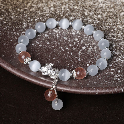 Mythstone Natural Cat's Eye Moonstone Strawberry Quartz PiXiu Support Bracelet