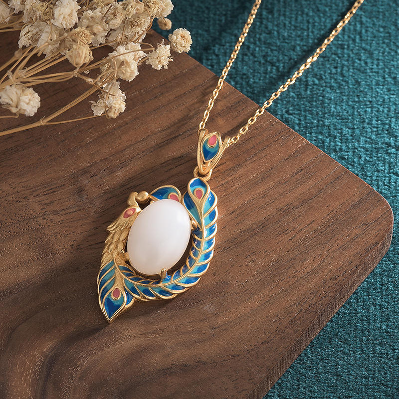 Mythstone White Jade Peacock Copper Blessing Necklace Pendant