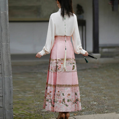 Mythstone Chinese Hanfu Pink Peach Garden Printed Horse Face Skirt Mamianqun