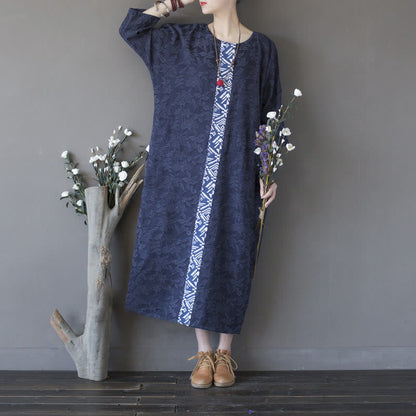 Mythstone Blue Flowers Embroidery Jacquard Midi Dress Three Quarter Sleeve Cotton Dress With Pockets