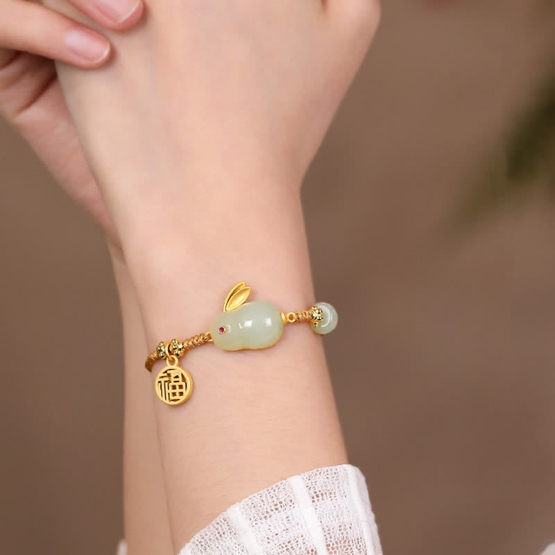 Mythstone Year of the Rabbit Hetian Jade Happiness Blessing Wealth String Bracelet