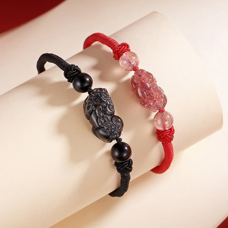 Mythstone Handmade Natural Silver Sheen Obsidian Strawberry Quartz PiXiu Protection Braided Bracelet