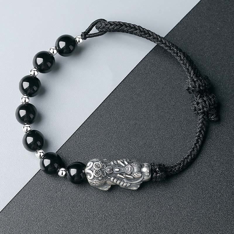 Mythstone 999 Sterling Silver FengShui PiXiu Natural Black Obsidian 925 Sterling Silver Bead Strength Bracelet