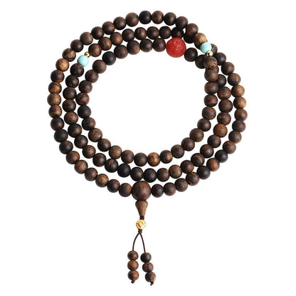 Mythstone 108 Mala Beads Agarwood Red Agate Turquoise Peace Meditation Bracelet