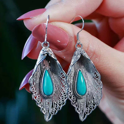 Mythstone 925 Sterling Silver Turquoise Bodhi Leaf Pattern Protection Drop Dangle Earrings