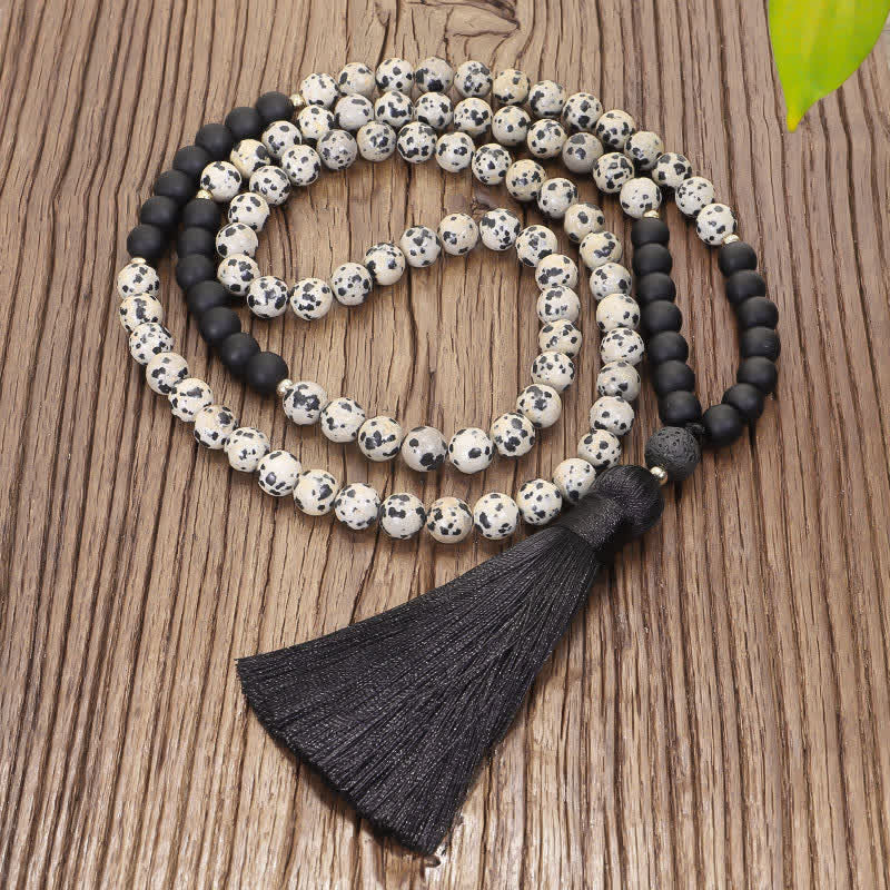 108 Mala Beads Zebra Jasper Frosted Stone Protection Tassel Bracelet