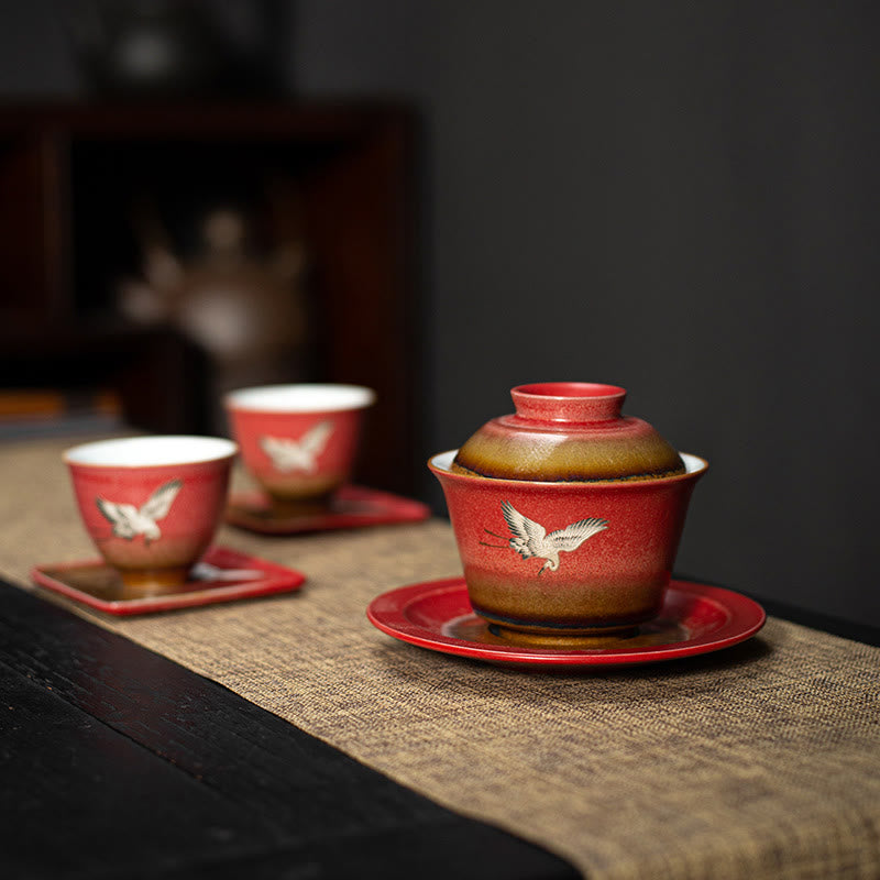 Mythstone Red Auspicious Crane Ceramic Gaiwan Sancai Teacup Kung Fu Tea Cup And Saucer With Lid