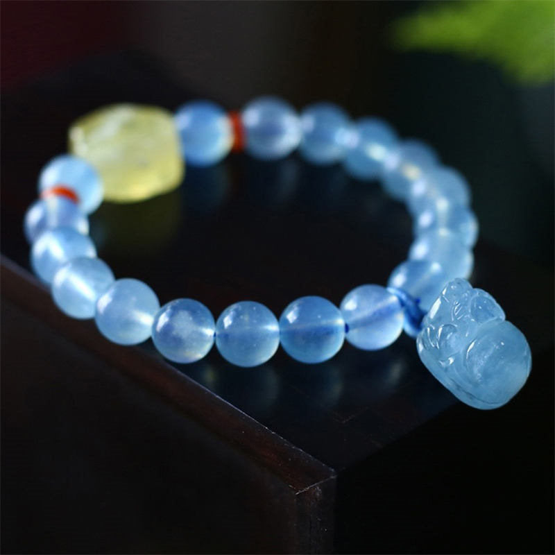 Mythstone Natural Aquamarine Amber Pixiu Peace Healing Charm Bracelet