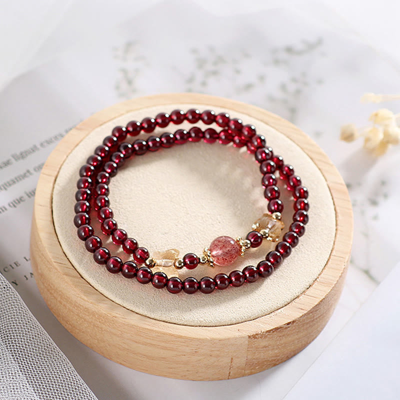 Mythstone 14K Gold Plated Natural Garnet Strawberry Quartz Butterfly Protection Double Wrap Bracelet