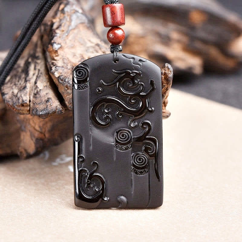 Mythstone Black Obsidian Dragon Phoenix Success Necklace Pendant