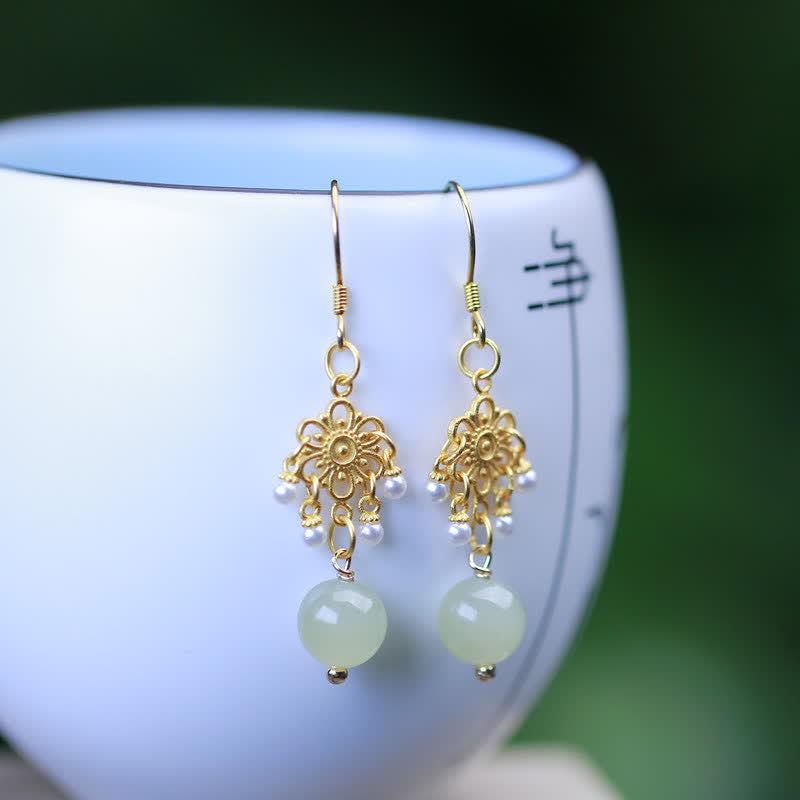 Mythstone Hetian Jade Flower Pattern 14K Gold Plated Luck Drop Dangle Earrings