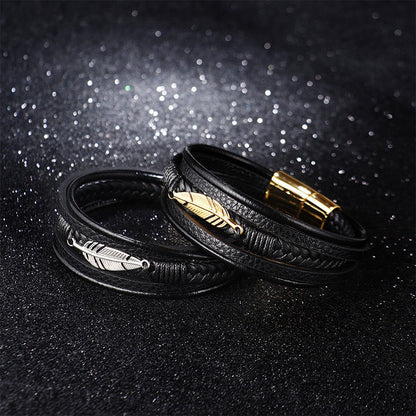 Mythstone Feather Pattern Multilayer Leather Titanium Steel Calm Braided Magnetic Buckle Bracelet